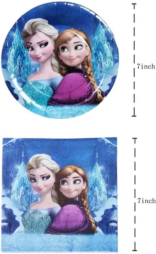 Vista 3 de El paquete de 41 suministros de fiesta de cumpleaños de Frozen incluye 20 platos, 20 servilletas + 1 mantel para la decoración de fiesta de Frozen