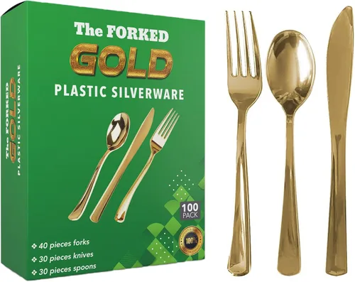 Vista 10 de FORKED - Cuchillos desechables de plástico dorado de 50 piezas, cubiertos de alta resistencia, cuchillos de sopa duraderos y desechables