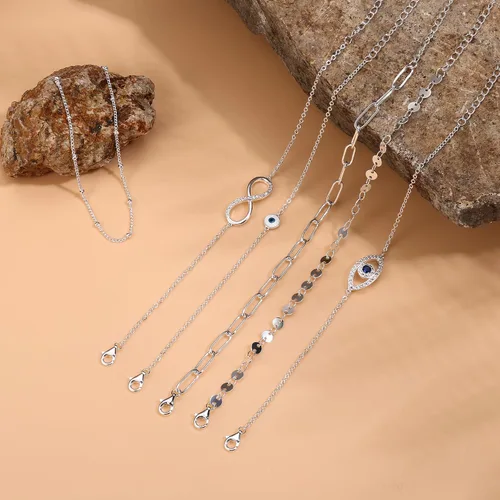 Vista 6 de MILACOLATO Pulseras de cadena de clip con cierre de plata de ley 925, chapadas en oro blanco de 14 quilates, cadena de clip de diamante sólido