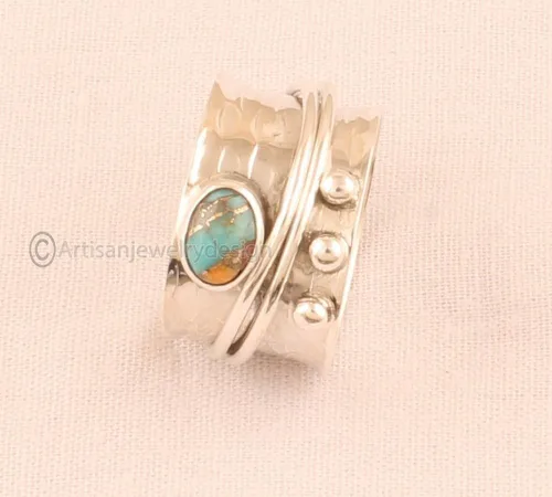 Vista 4 de Oyster Copper Turquoise Ring, 925 Sterling Silver Jewelry, Minimalist Ring For Women, Statement Spinner Ring, Fidget Spinner Ring, Anxiety Spinner