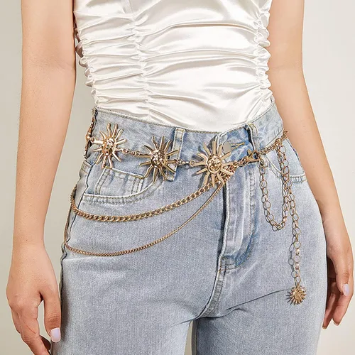 Vista 6 de Cadena de cintura, cinturones de cadena dorada para mujer, borlas largas ajustables, cadena para el vientre, accesorios de joyería