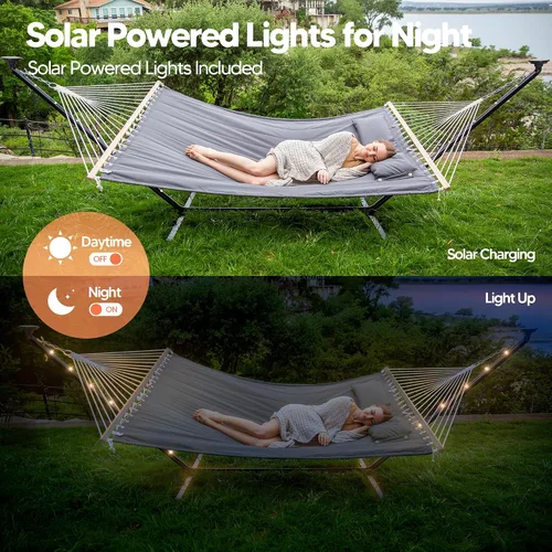 Vista 3 de SUNCREAT Hamaca doble con soporte de 12 pies, luces solares incluidas, hamaca al aire libre para exterior, gris oscuro
