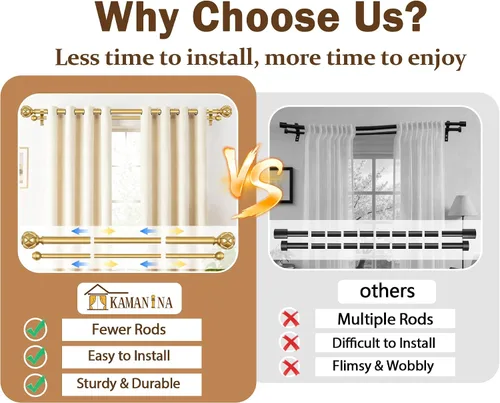 Vista 2 de KAMANINA Double Curtain Rod 36 to 72 Inch, Adjustable Dual Rods, Warm Gold Oro cálido