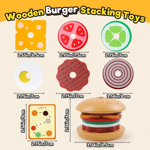 Vista 2 de Kizh Juguete apilable de madera para clasificar hamburguesas para niños pequeños, juguetes educativos Montessori de motricidad fina para niños