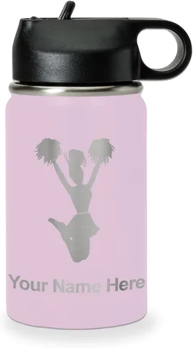 Vista 27 de LaserGram Botella de agua con tapa abatible de doble pared de 12 onzas con pajita, animadora, grabado personalizado incluido (negro)