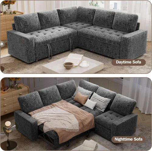 Vista 8 de Vipbear Sofá cama modular modular con cama extraíble, sofá modular en forma de L de felpilla con puertos USB/respaldo ajustable/asientos