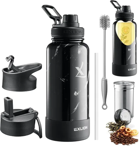 Vista 11 de Lexlion Botella de agua de 14 onzas, de acero inoxidable con aislamiento de triple pared, resistente al olor y a la tensión, botella reutilizable, 1