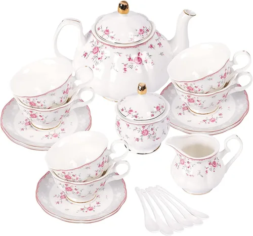 Vista 10 de fanquare Juego de té de porcelana con flores azules, juego de taza de té y platillo para 6, juego de té de boda con jarra de crema, juego de café