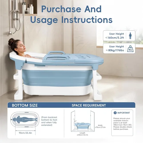 Vista 4 de Foldable Bathtub for Adults Portable Collapsible Soaking Tub Blue