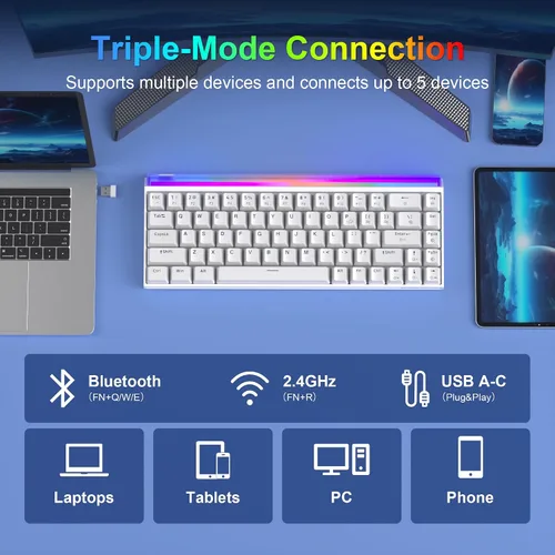 Vista 7 de MageGee AIR68 - Teclado inalámbrico para juegos con efecto Hall, teclado de interruptor magnético RGB 60% con disparador rápido, accionamiento