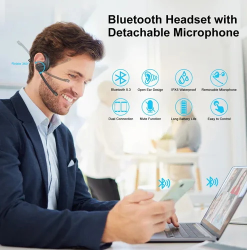 Vista 2 de iDIGMALL Auriculares Bluetooth 5.3 con micrófono desmontable magnético, auriculares inalámbricos de oído abierto con micrófono de cancelación