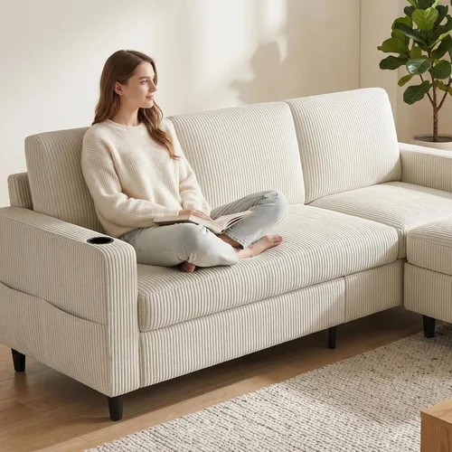 Vista 9 de Sofás seccionales convertibles para sala de estar, sofá en forma de L de 3 asientos con otomana de almacenamiento y 2 portavasos, moderno sofá