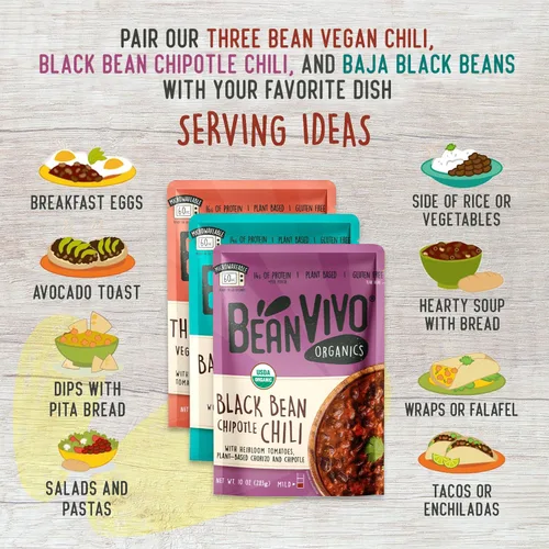 Vista 4 de BeanVIVO - Variedad de 3 paquetes (10 onzas cada uno) - Frijoles negros orgánicos Baja, Chile vegano de tres frijoles, chile chipotle de frijoles