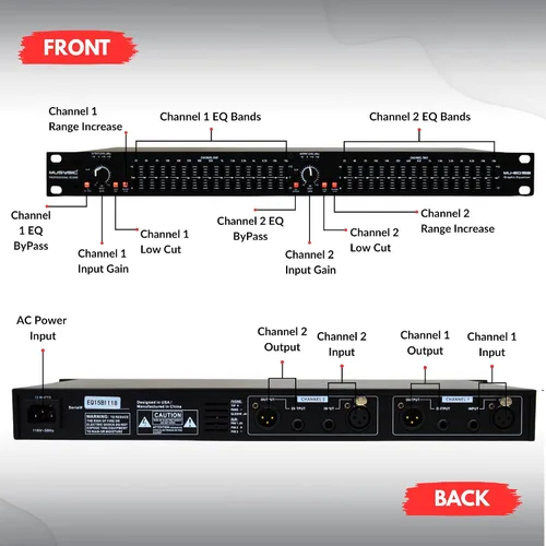 Vista 8 de MUSYSIC Ecualizador gráfico para audio doméstico Ecualizador estéreo de 15 bandas Montaje en rack EQ Ecualizador digital para el hogar, analizador