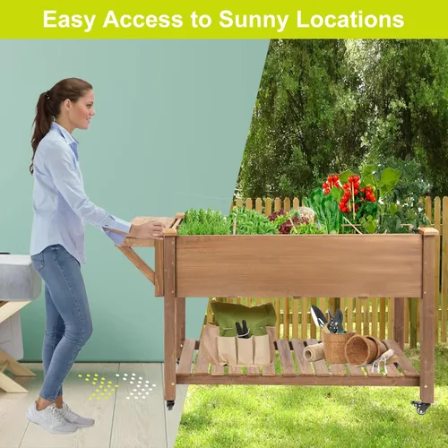 Vista 7 de Gowoodhut Cama de jardín elevada, maceta de jardín de hierbas al aire libre con ruedas bloqueables, estante de almacenamiento, forro protector