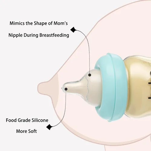 Vista 3 de YOHKOH Biberón de PPSU para bebé de cuello ancho, biberón anti-cólico para recién nacidos con tetina de respuesta natural, cuerpo aerodinámico, Azul