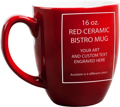 Vista 7 de PlaqueMaker Taza de café bistró de cerámica personalizada, texto grabado con láser, 16 onzas (rojo)