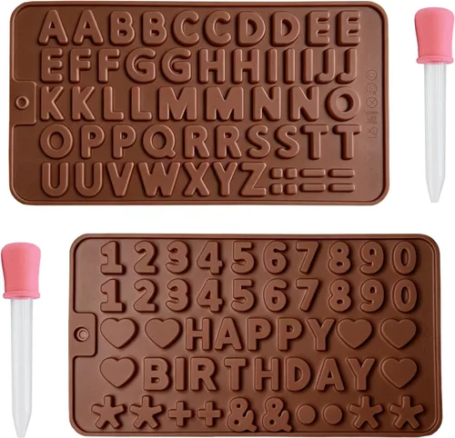 Vista 8 de 2 moldes de chocolate con números y moldes de silicona de letras, con 2 cuentagotas, decoraciones de letras para tartas, moldes de silicona