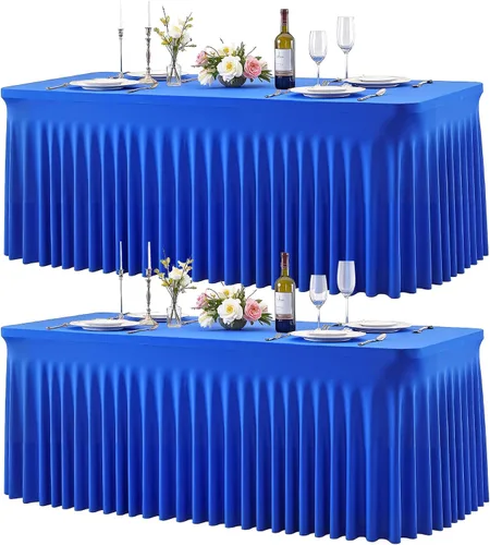 Vista 9 de Manteles de mesa de elastano azul bebé de 6 pies para mesas rectangulares, sin arrugas, rectangular, elástico, ajustable de 6 pies con falda