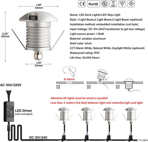 Vista 7 de Kit de luces LED para escalón/cubierta, paquete de 6 luces empotradas de bajo voltaje, CC de 12 V, luces empotradas impermeables IP67, iluminación