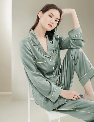 Vista 6 de LilySilk Pijama de seda para mujer, con ribete dorado, 100% seda, lavable Verde aguacate