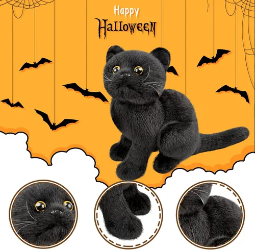 Vista 4 de Tiny Heart Juguete de peluche suave de imitación de gato negro de 9 pulgadas de largo, lindo y realista juguete de peluche de gato negro para niños