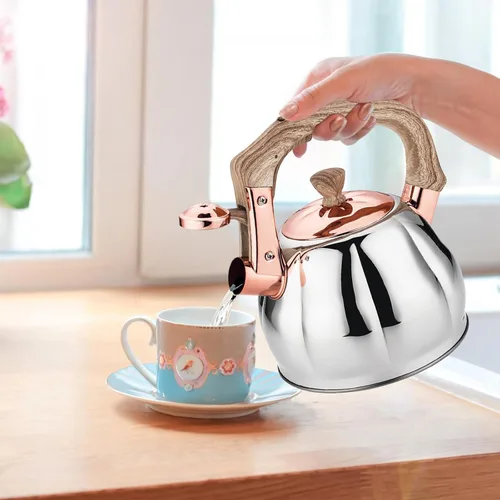Vista 8 de Hervidor de té de acero inoxidable para estufa con mango ergonómico a prueba de calor y silbato de 2.5 cuartos