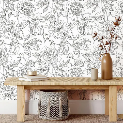 Vista 9 de Simon&Siff Papel Tapiz Lineal Floral, Papel Tapiz Blanco y Negro Despegar y Pegar Flores Boceto Papel de Pared Floral Removible para Dormitorio Baño