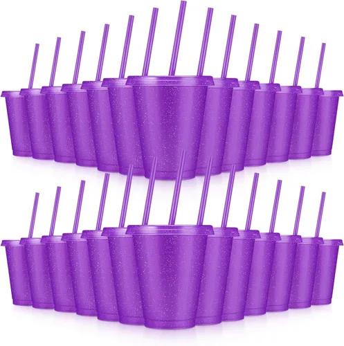 Vista 14 de 24 Piezas Vasos de Plástico con Tapas y Pajitas, Vasos Reutilizables con Tapas Vasos Coloridos de Plástico para Fiesta de Cumpleaños, Taza de Café