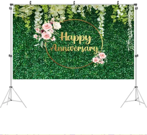Vista 2 de Ticuenicoa Telón de fondo floral de 5 x 3 pies para pared de césped verde feliz aniversario para flores, amor, saludos a 10 años, 50 años