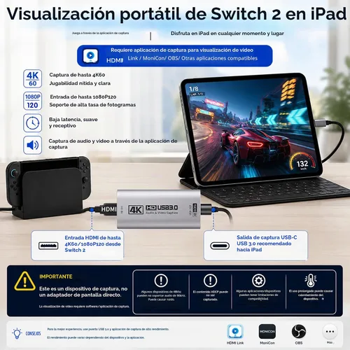 Vista 2 de Guermok HDMI Capture Card, USB 3.0 HDMI to USBC Video Capture Card, 4K60FPS Plateado