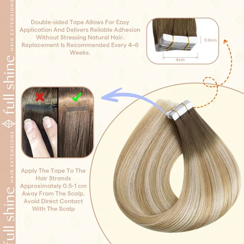 Vista 110 de Full Shine - Extensiones de cabello humano con cinta, mezcla de rubio hongo # 8 castaño ceniza resaltado 60 rubio ceniza