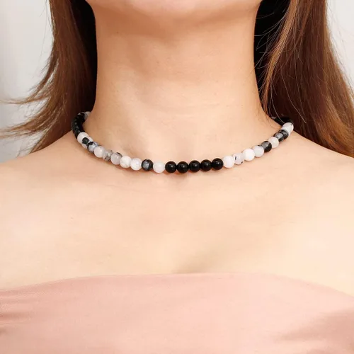 Vista 3 de Jewever Gargantillas de cristal con cuentas de obsidiana negracuarzo rutilado para mujeres y hombres con cristales curativos de energía unisex