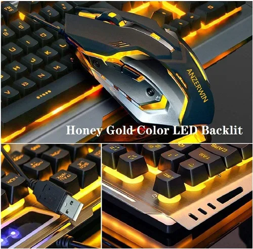Vista 5 de Combo de teclado y mouse para juegos retroiluminación naranja amarillo teclado de retroiluminación LED teclado de computadora para juegos mouse