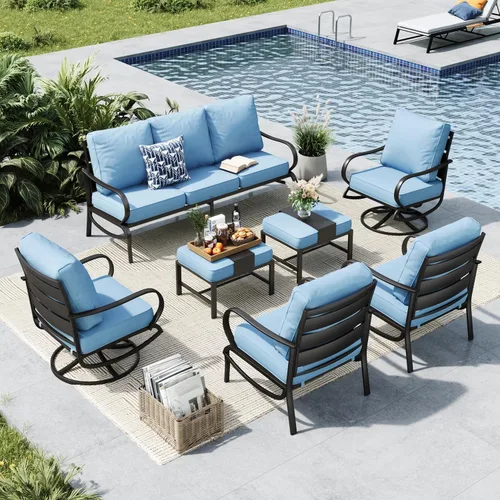 Vista 69 de MFSTUDIO Juegos de muebles de patio, sofás de conversación de metal para exteriores con 1 sofá de 3 asientos para jardín, cojín beige