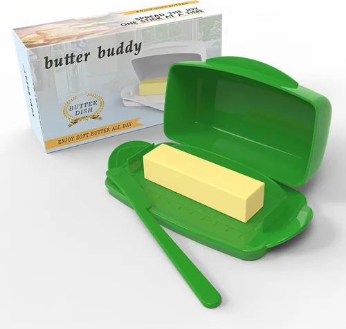 Vista 7 de Mantequilleras con tapa para encimera y refrigerador, plato de mantequilla de plástico transparente con tapa abatible y esparcidor, recipiente
