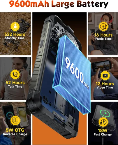 Vista 5 de Ulefone RugKing (16 GB+128 GB) Android 15 4G Smartphone, 9600 mAh, altavoz de 126 dB, cámara de 50MP+2MP+8MP teléfono resistente de 5.99 pulgadas