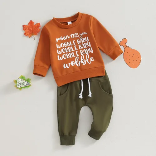 Vista 2 de Traje de Acción de Gracias para bebé, niño, sudadera de manga larga con cuello redondo y bolsillos, pantalones deportivos, 2 piezas, ropa linda