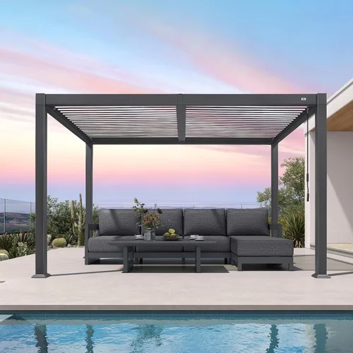 Vista 36 de Pérgola PURPLE LEAF con listones de 8 x 10 pies para exteriores con sistema de drenaje