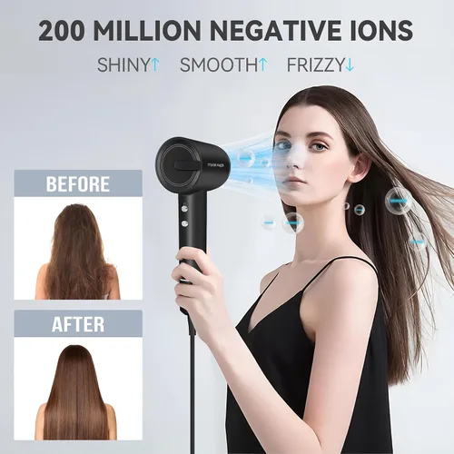 Vista 4 de Secador de pelo profesional de alta velocidad con 200 millones de iones negativos, secador de pelo profesional de alta velocidad para mujeres y Negro
