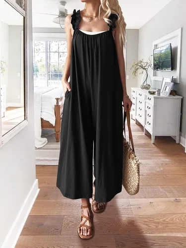 Vista 2 de MIEAZOM Enterizo sin mangas de pierna ancha para mujer, estilo casual, con volantes, tirantes delgados, elásticos, holgados, pantalones largos
