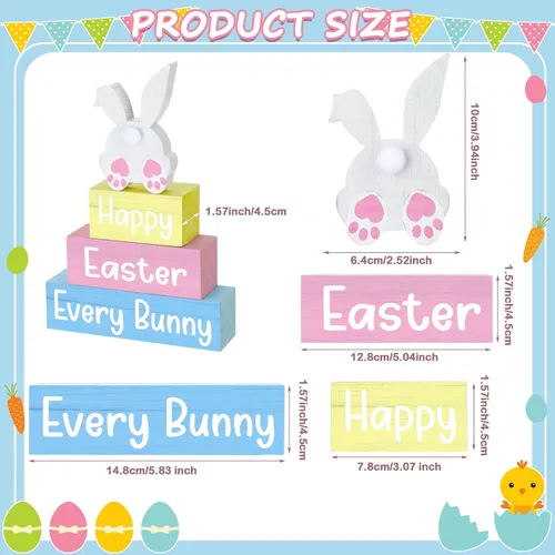 Vista 2 de 4 piezas de decoración de mesa de Pascua con texto en inglés «Happy Easter Every Bunny», letrero de madera de conejito pastel, bloques de madera