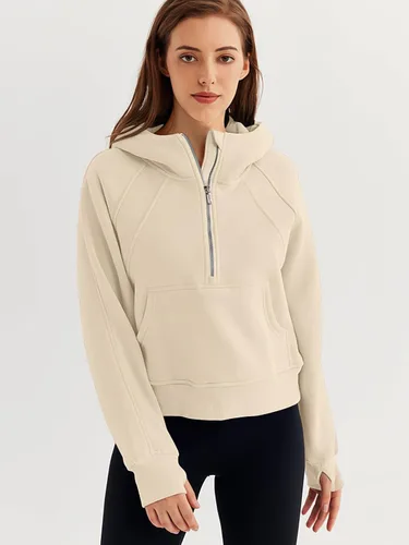Vista 2 de WYNNQUE Sudadera corta con capucha para mujer, manga larga, forro polar, media cremallera, ropa de otoño