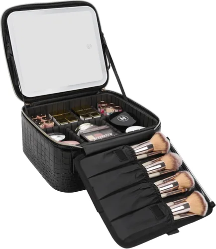 Vista 21 de Relavel Estuche de maquillaje con espejo LED, 01-Negro, Bolsa de maquillaje de viaje con espejo LED para niñas Compact Cosmetic Makeup Organizer