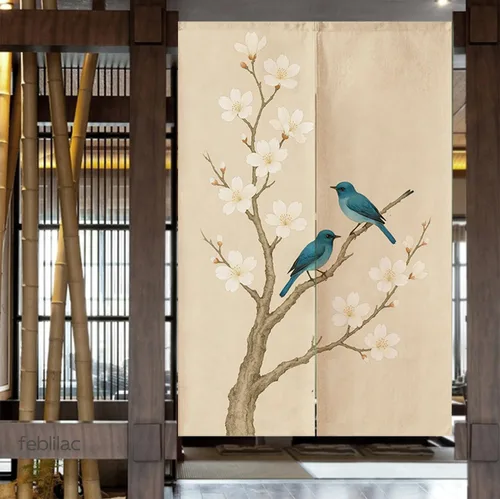 Vista 4 de Cortina de puerta japonesa con diseño de pájaros y flores, estilo asiático, 33.5 x 55 pulgadas, tapiz para cocina, bistró, sombreado, decoración