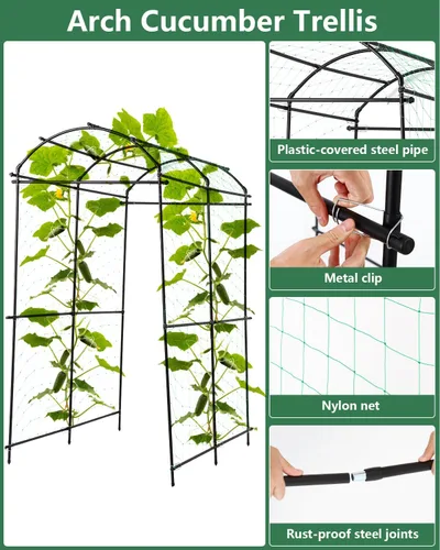 Vista 4 de Enrejado de arco de jardín para exteriores, pepino, enrejado arqueado de 7 pies de alto, enrejado grande de calabaza para jardín, cama elevada