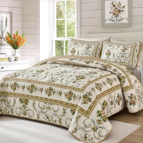Vista 2 de Anibedding Juego de Edredón Floral Tamaño Queen, Edredones Colcha con Patrón de Flores Marrones Retro, Cubierta de Cama Ligera de Microfibra Suave