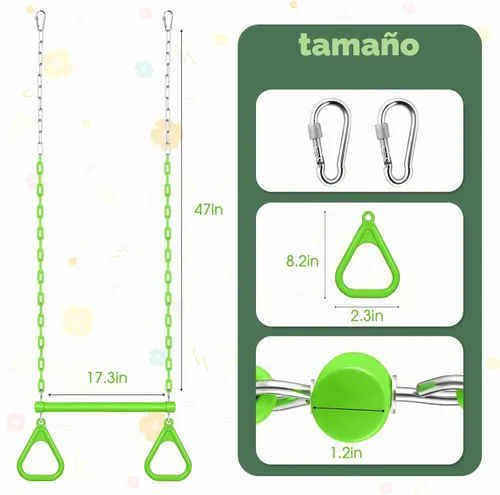 Vista 2 de LadyRosian Juego de columpios para trapecio de 17 pulgadas, anillos de gimnasio de 47 pulgadas, juego de columpios de cadena resistente, accesorios