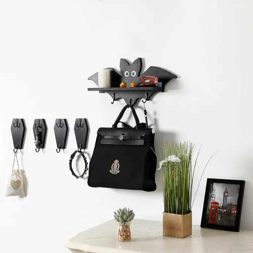 Vista 6 de 4 Piezas de Gancho de Pared en Forma de Ataúd para Llaves - Decoración Gótica Espeluznante para el Hogar en la Pared - Perchero Rústico Negro