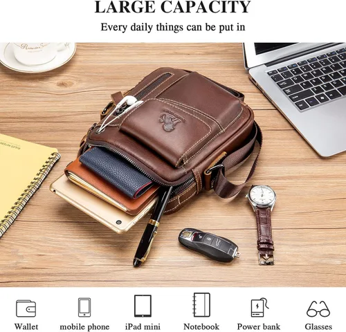 Vista 4 de BAIGIO Bolso bandolera de cuero pequeño para hombre bolso bandolera para viajes negocios trabajo